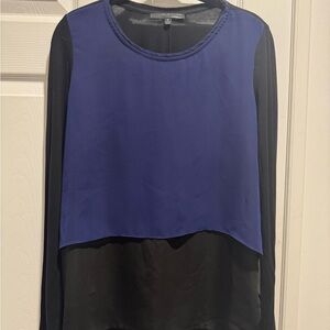Elie Tahari Blue and Black Long Sleeve Crop Blouse